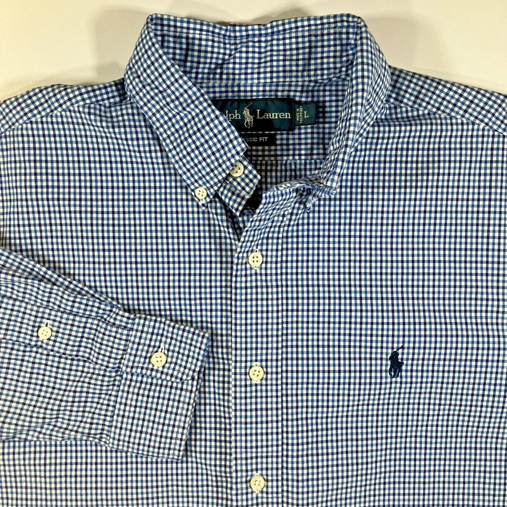 Polo Ralph Lauren Men's‎ L Blue Gingham Check Button-Down Shirt Navy Pony